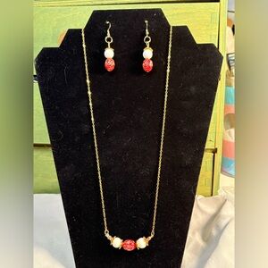 Red, White, and Gold Earring and Necklace Set